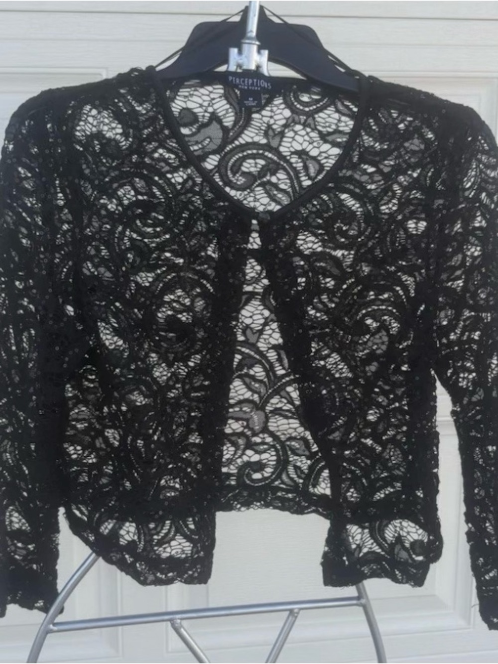 Perceptions New York Women's Black Floral Lace Cropped 3/4 Sleeve Jacket M